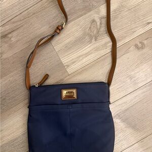 Navy Blue Crossbody Bag Brown Strap Gold Logo Everyday Shoulder Bag